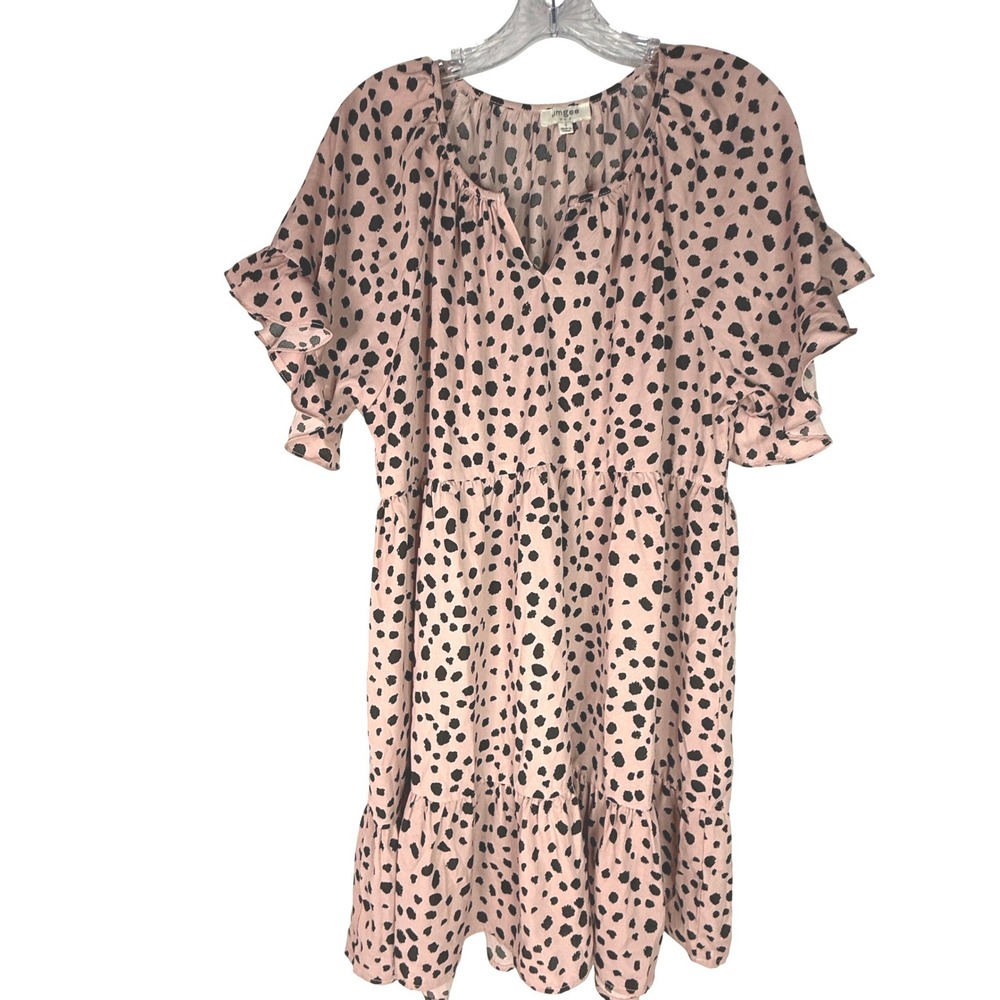 Umgee Babydoll Dress Women S Pink Black Dalmatian Tiered Ruffle EUC M5410